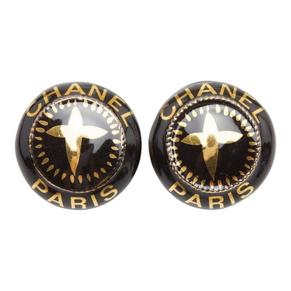 Chanel Vintage Round Earrings Gold Black Plated Plastic — view 2