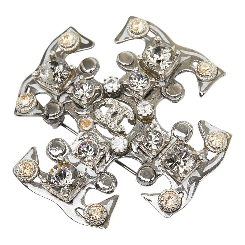 Chanel CC Logo Brooch Silver Metal Line Stone