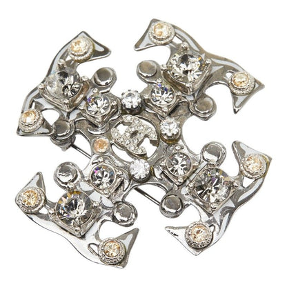 Chanel CC Logo Brooch Silver Metal Line Stone