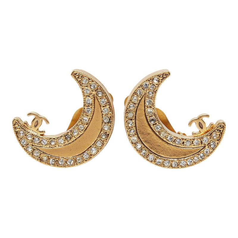 Chanel CC Logo Moon Motif Earrings Gold Plated Line Stone — view 2