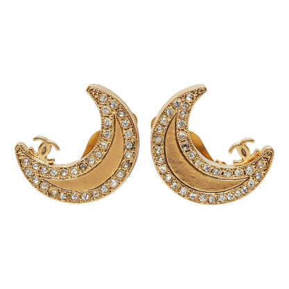 Chanel CC Logo Moon Motif Earrings Gold Plated Line Stone — view 2