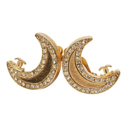 Chanel CC Logo Moon Motif Earrings Gold Plated Line Stone