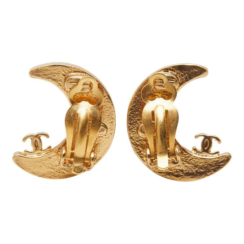 Chanel CC Logo Moon Motif Earrings Gold Plated Line Stone — view 3