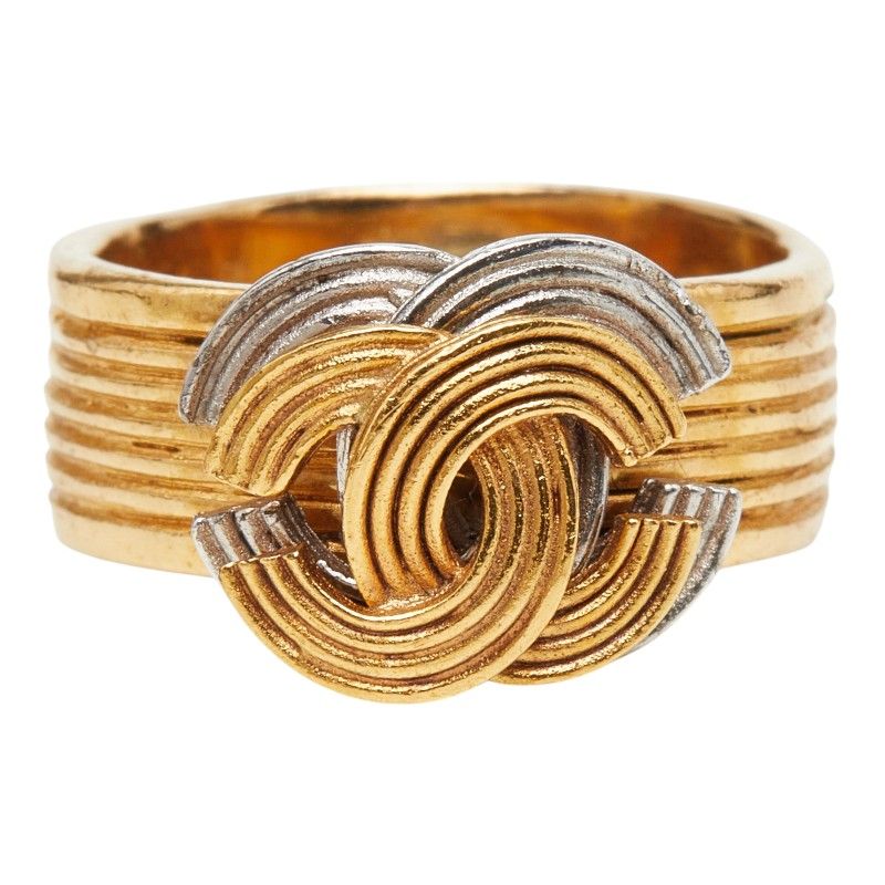 Chanel CC Logo Stripe Ring Gold Silver Plated