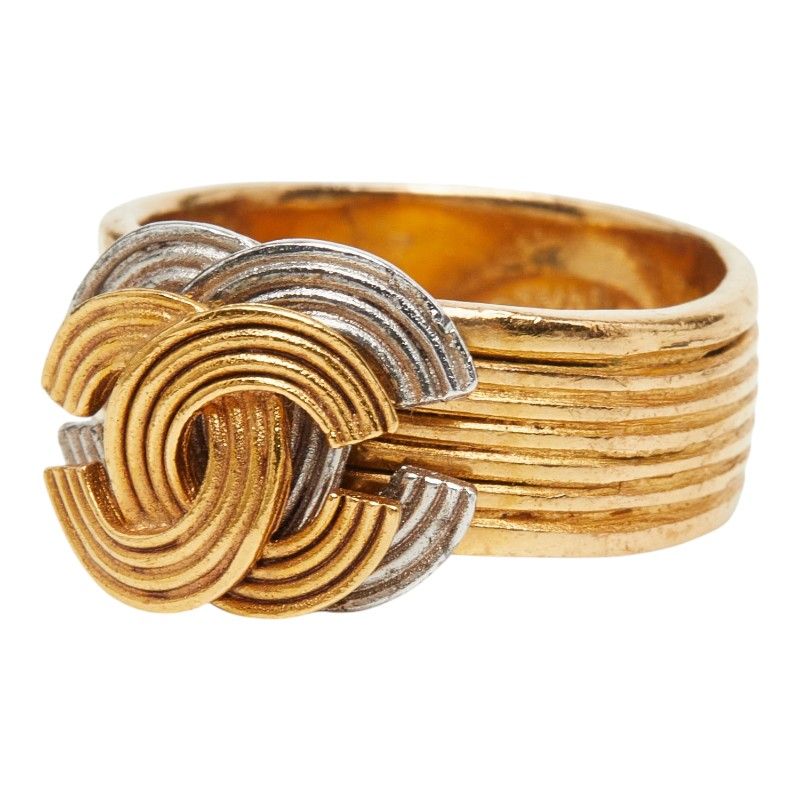 Chanel CC Logo Stripe Ring Gold Silver Plated — view 2