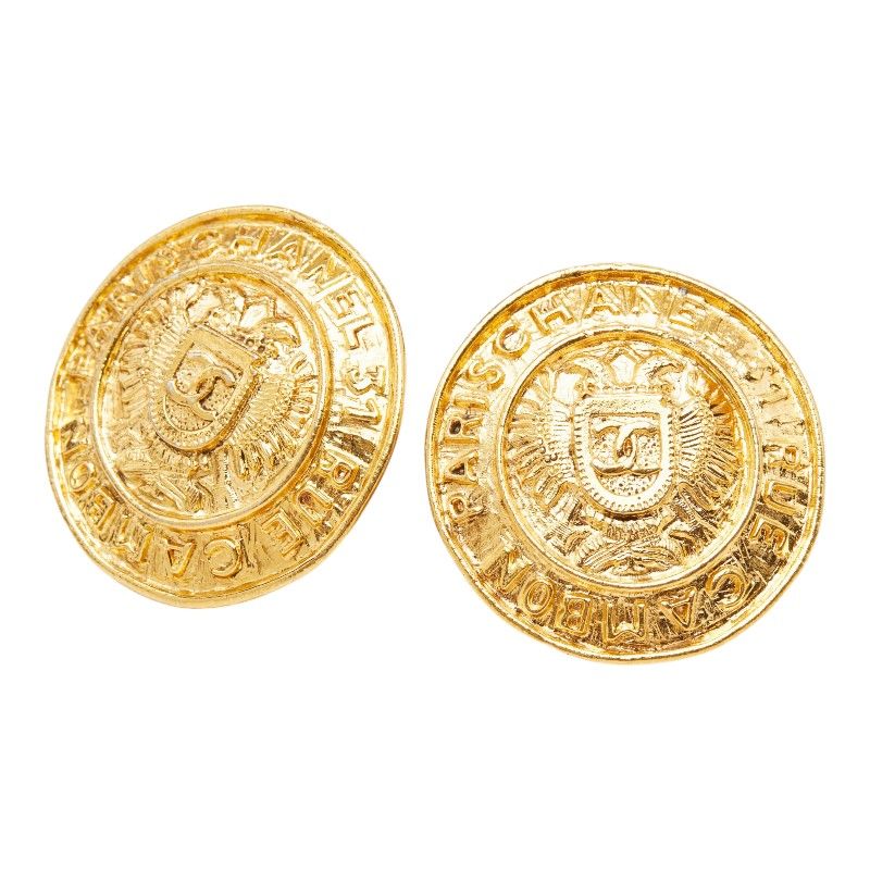 Chanel CC Logo Vintage Round Earrings Gold Plated