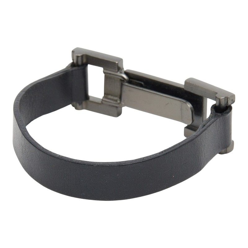 Chanel Logo Plate Bracelet Black Silver Leather Metal — view 2