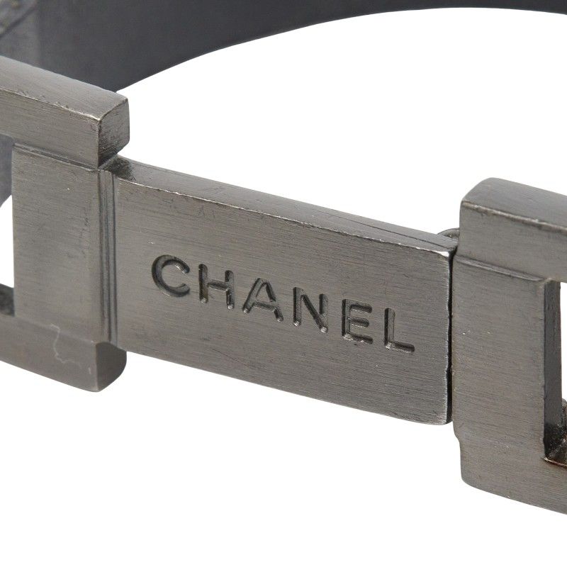 Chanel Logo Plate Bracelet Black Silver Leather Metal — view 3