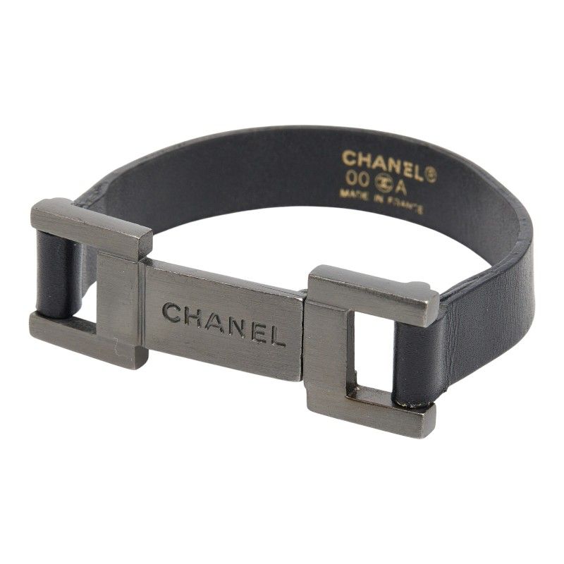 Chanel Logo Plate Bracelet Black Silver Leather Metal