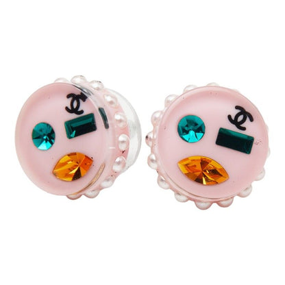 Chanel CC Logo Earrings Pink Multicolor Plastic Faux Pearl Line Stone