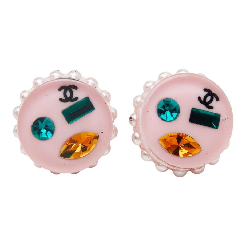 Chanel CC Logo Earrings Pink Multicolor Plastic Faux Pearl Line Stone — view 2