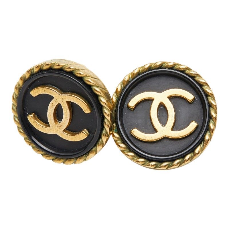 Chanel CC Logo Vintage Round Earrings Black Gold Plated