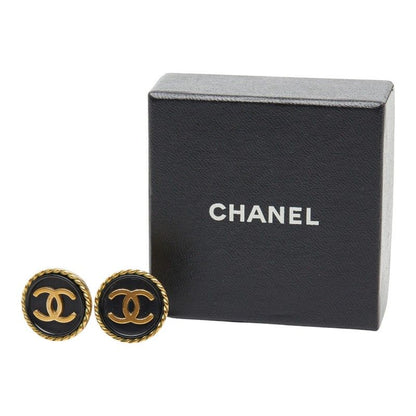Chanel CC Logo Vintage Round Earrings Black Gold Plated — view 5