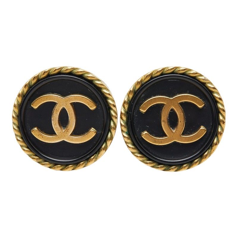 Chanel CC Logo Vintage Round Earrings Black Gold Plated — view 2