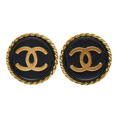 Chanel CC Logo Vintage Round Earrings Black Gold Plated — view 2