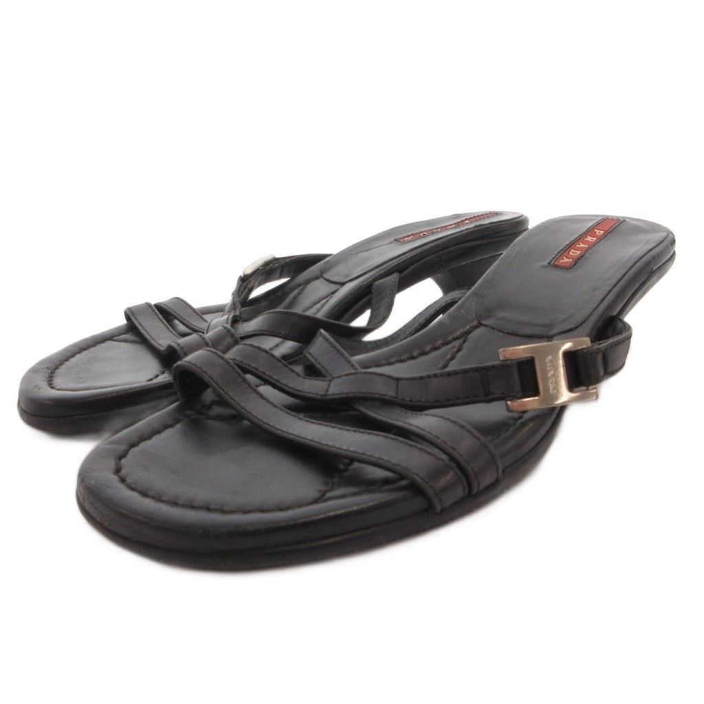Prada Sandals Pin Heels Strap Logo Leather 35 Black