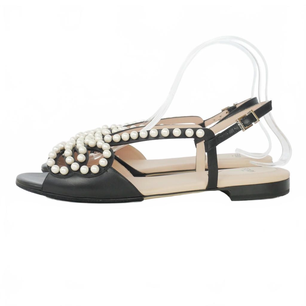 Fendi Faux Pearl Flat Sandals Leather Ankle Strap 39 Black — view 2
