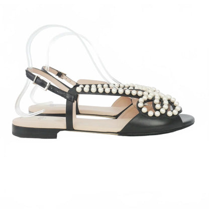 Fendi Faux Pearl Flat Sandals Leather Ankle Strap 39 Black — view 4