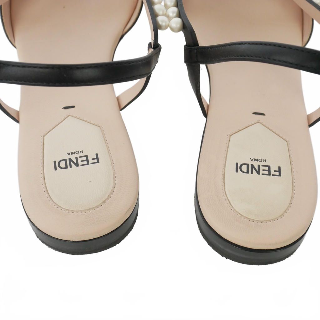 Fendi Faux Pearl Flat Sandals Leather Ankle Strap 39 Black — view 8