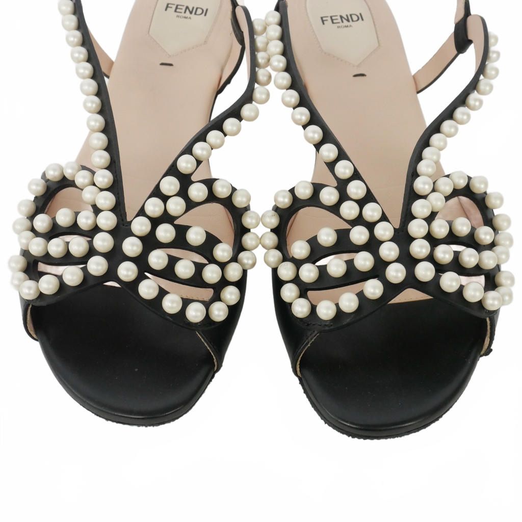 Fendi Faux Pearl Flat Sandals Leather Ankle Strap 39 Black — view 5