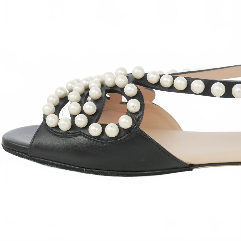 Fendi Faux Pearl Flat Sandals Leather Ankle Strap 39 Black — view 7