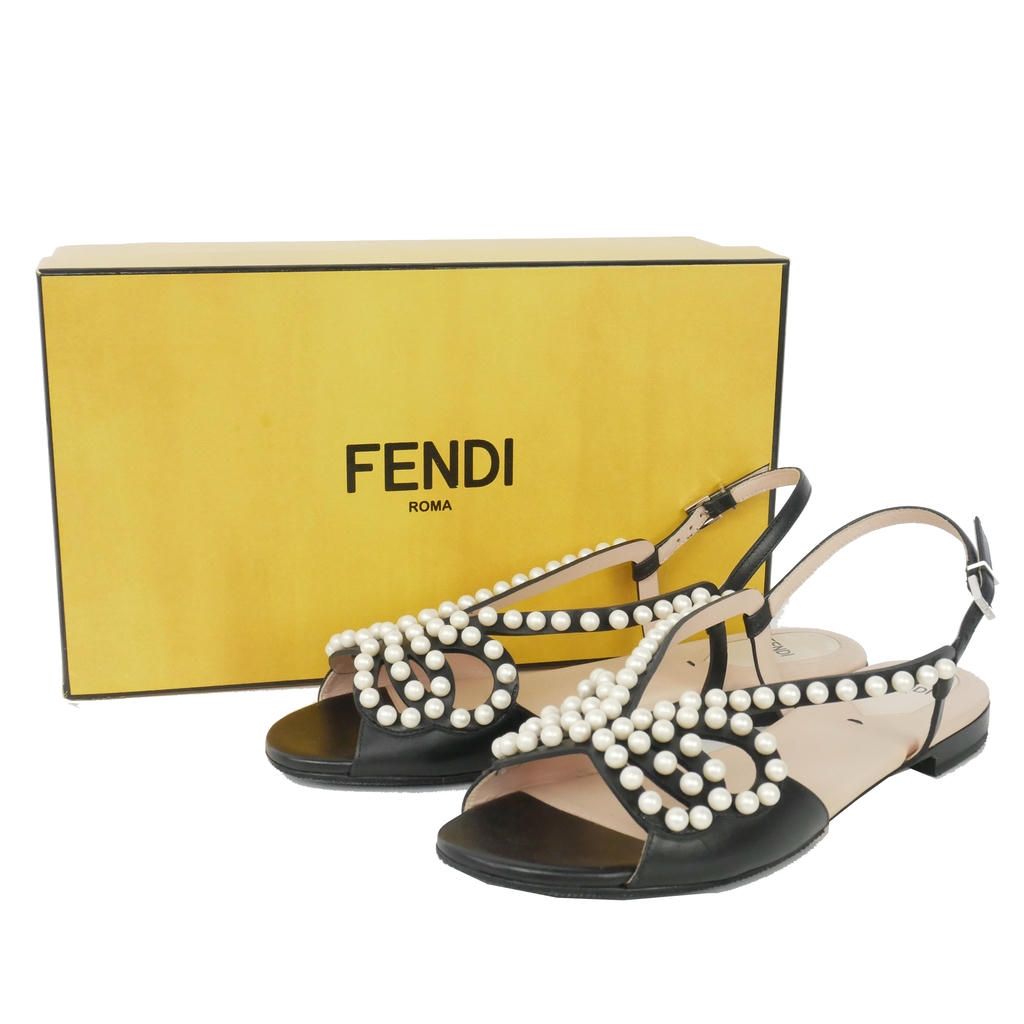 Fendi Faux Pearl Flat Sandals Leather Ankle Strap 39 Black — view 9