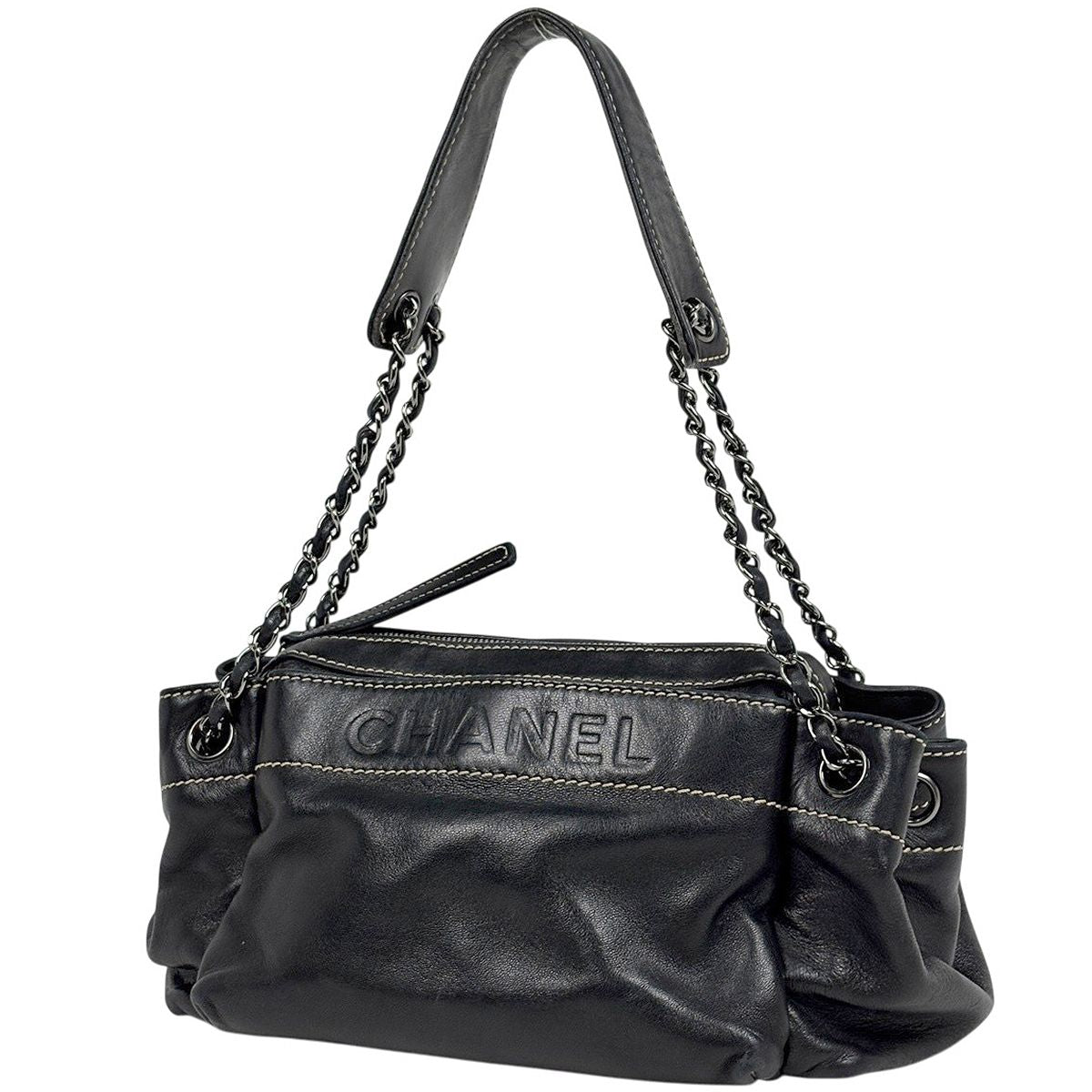Chanel Logo Chain Shoulder Bag Leather Black
