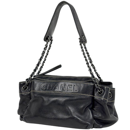 Chanel Logo Chain Shoulder Bag Leather Black