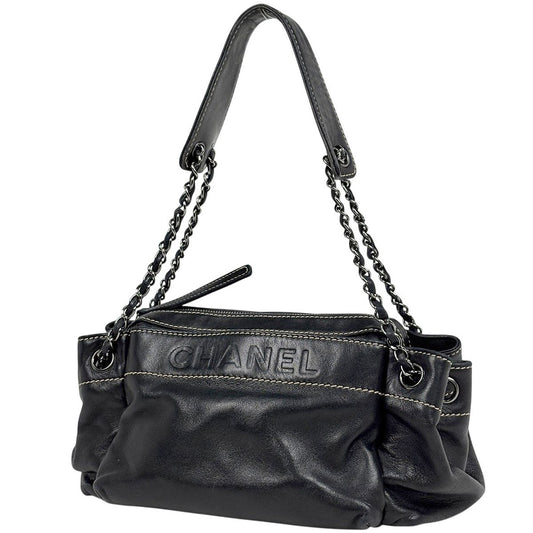 Chanel Logo Chain Shoulder Bag Leather Black
