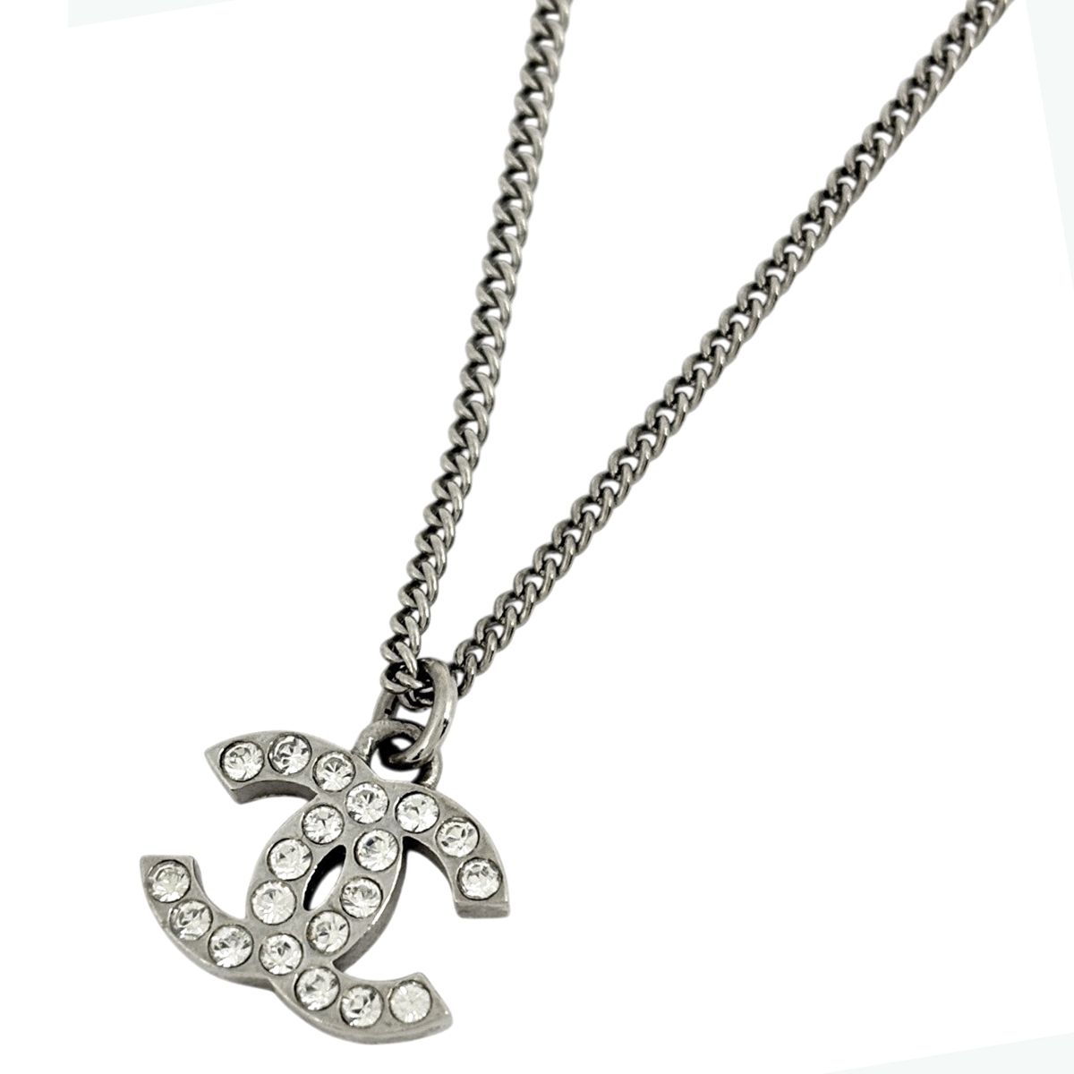 Chanel CC Logo Line Stone Necklace Silver Plated