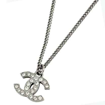 Chanel CC Logo Line Stone Necklace Silver Plated
