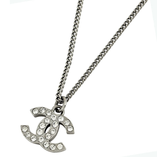 Chanel CC Logo Line Stone Necklace Silver Plated