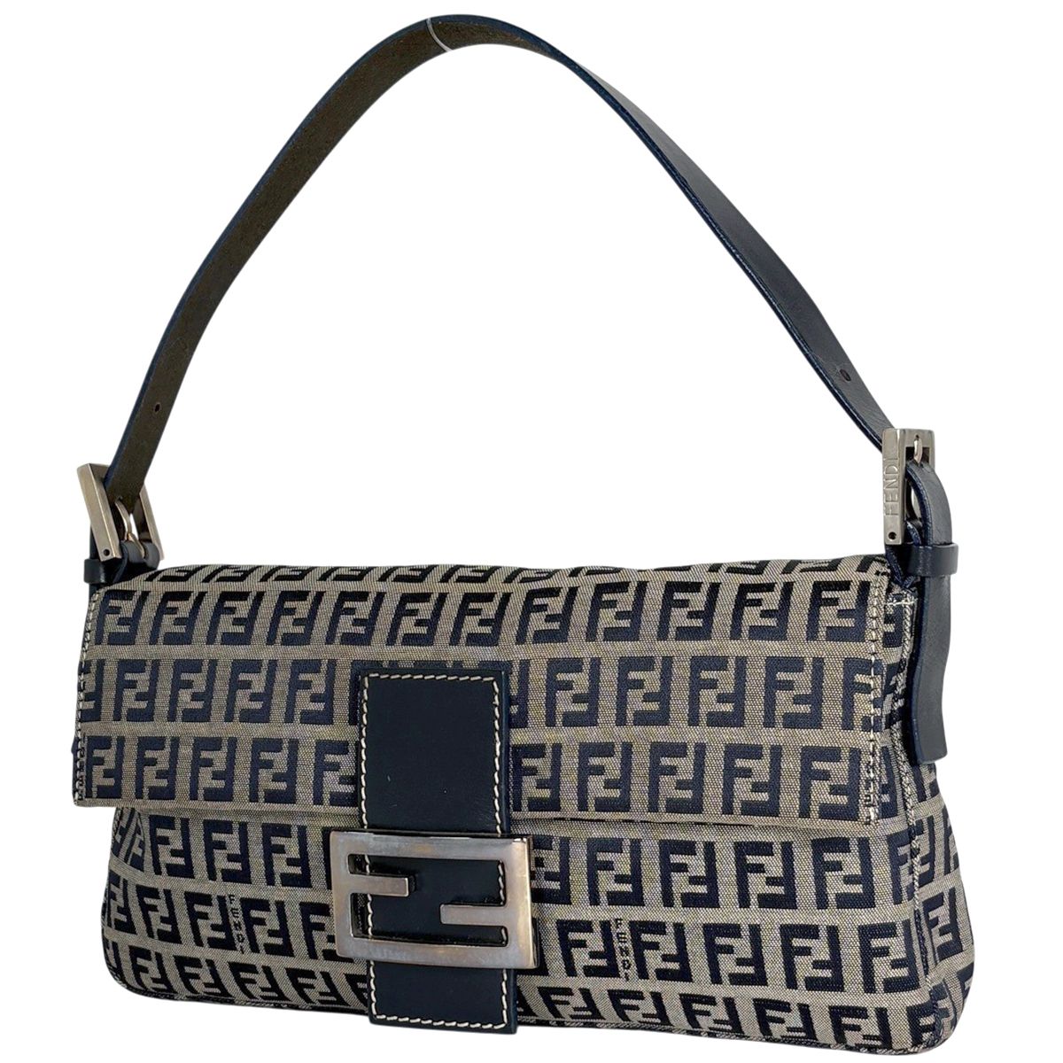 Fendi Zucchino Pattern Mamma Bucket Shoulder Bag Canvas Navy