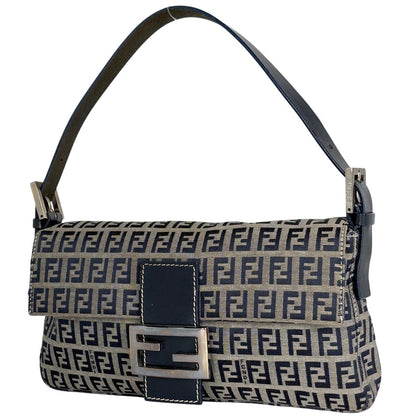 Fendi Zucchino Pattern Mamma Bucket Shoulder Bag Canvas Navy