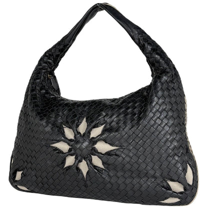 Bottega Veneta Intrecciato Shoulder Bag Leather Black Beige
