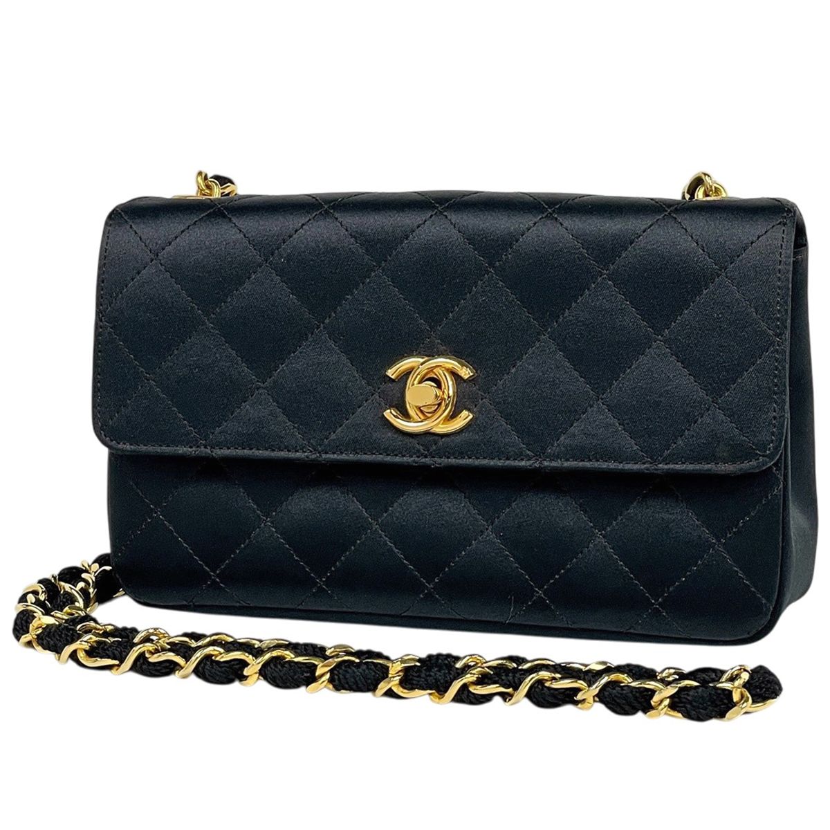 Chanel CC Logo Chain Shoulder Bag Satin Black