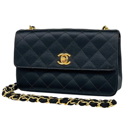 Chanel CC Logo Chain Shoulder Bag Satin Black