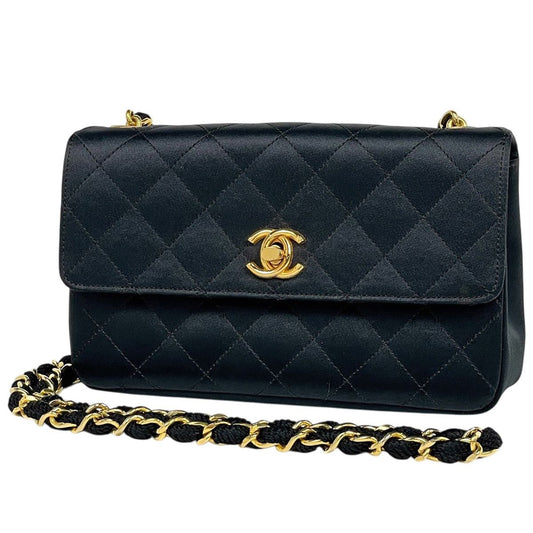 Chanel CC Logo Chain Shoulder Bag Satin Black