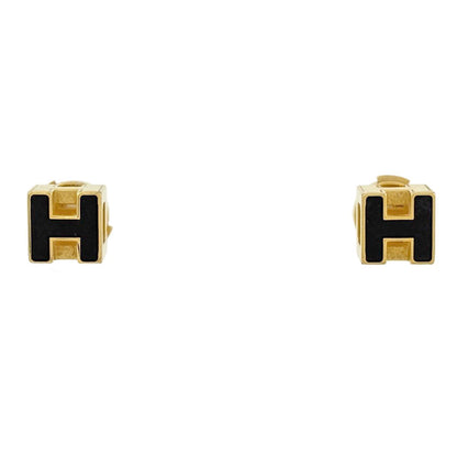 Hermes Cage Cube Earrings Logo Gold Plated Black