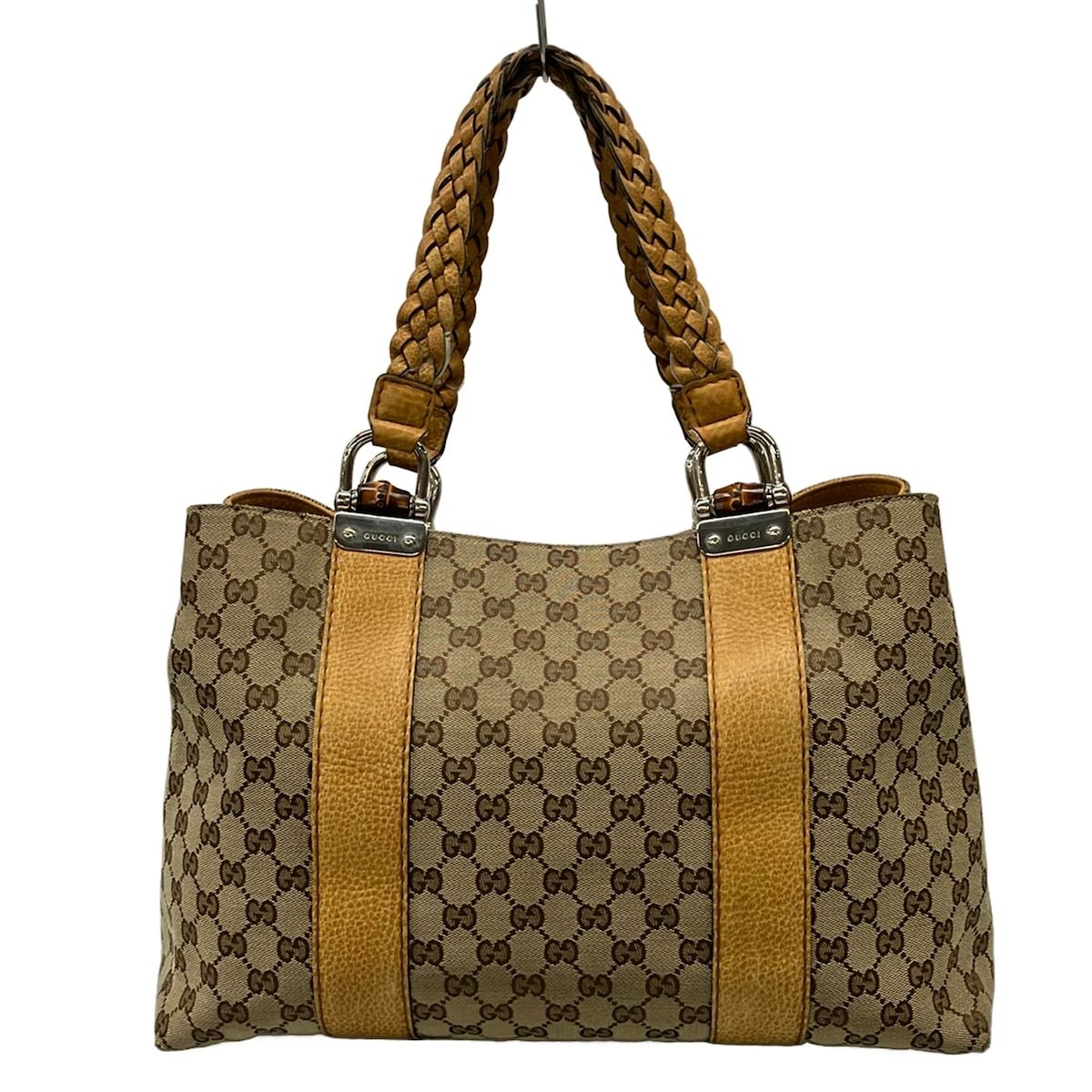 Gucci Tote GG Pattern Bamboo Beige Brown Dark Leather