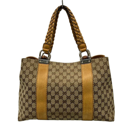 Gucci Tote GG Pattern Bamboo Beige Brown Dark Leather
