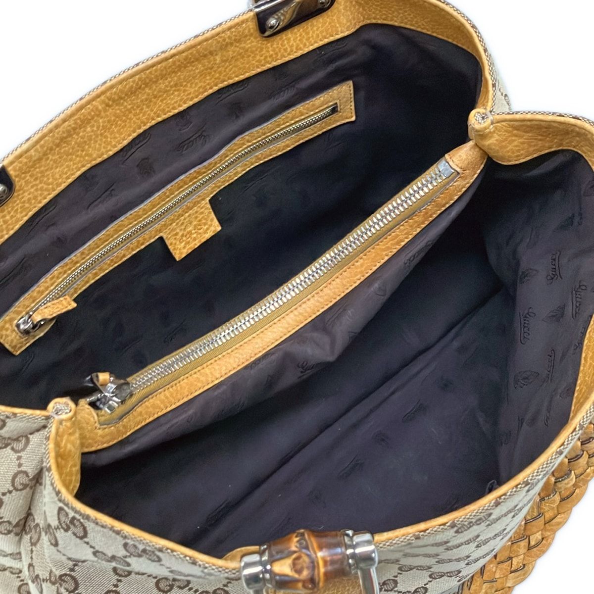 Gucci Tote GG Pattern Bamboo Beige Brown Dark Leather — view 7