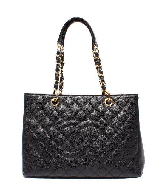 Chanel Chain Shoulder Bag Grand Shopping Tote GST Quilted Gold Caviar Leather