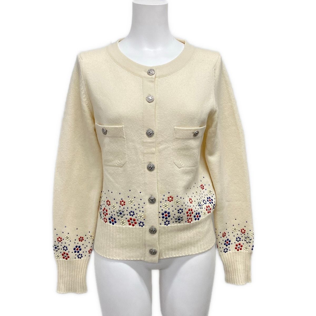 Chanel Cardigan 36 S Ivory Red Multi Cashmere