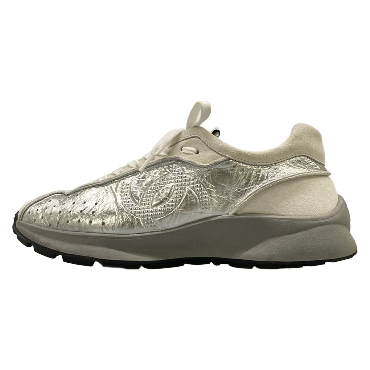 Chanel Sneakers 39.5 Silver Ivory Gray Leather