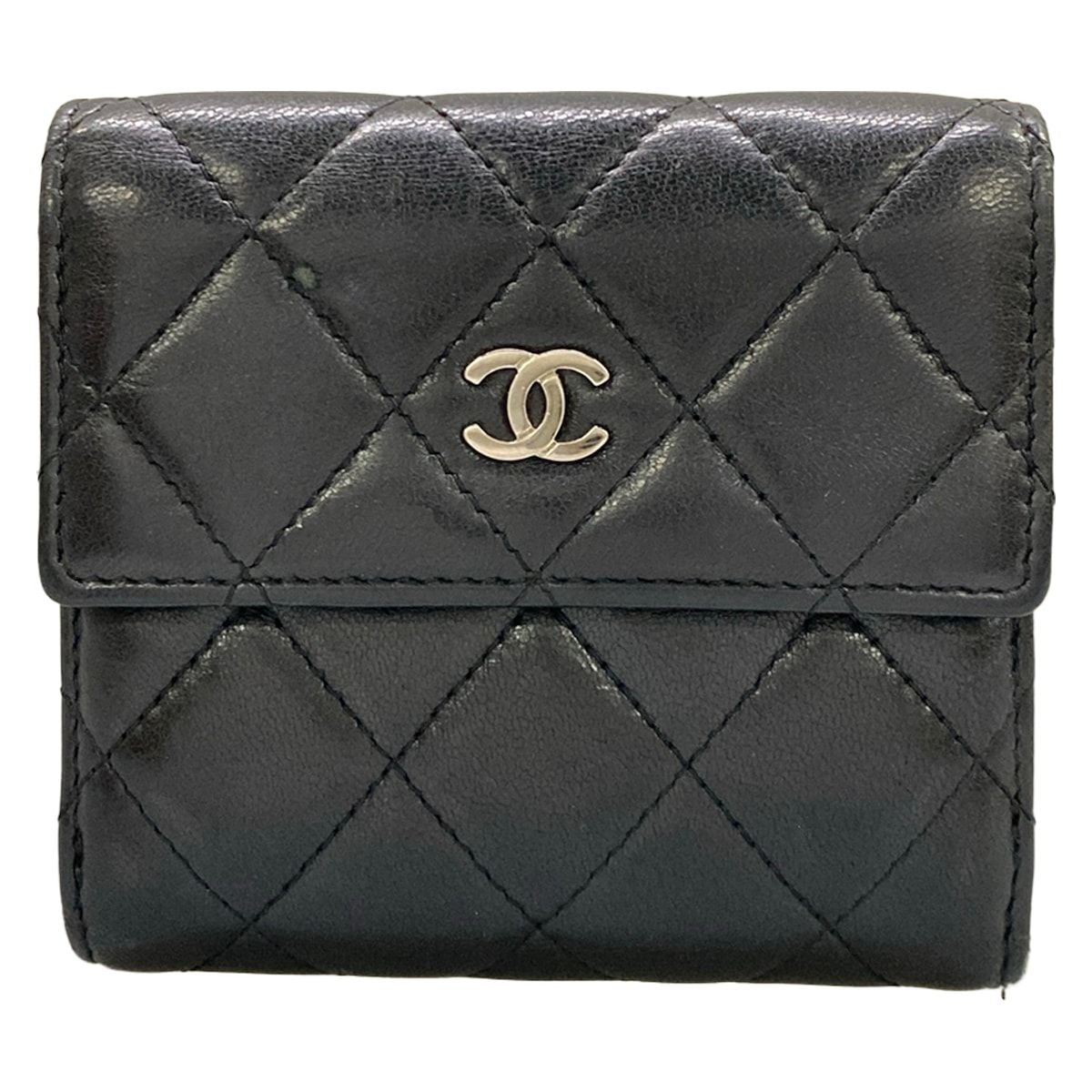 Chanel Bifold Wallet Quilted Black Double Hook CC Logo Silver Lambskin