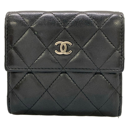 Chanel Bifold Wallet Quilted Black Double Hook CC Logo Silver Lambskin