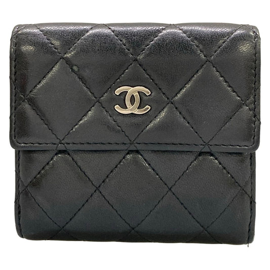Chanel Bifold Wallet Quilted Black Double Hook CC Logo Silver Lambskin