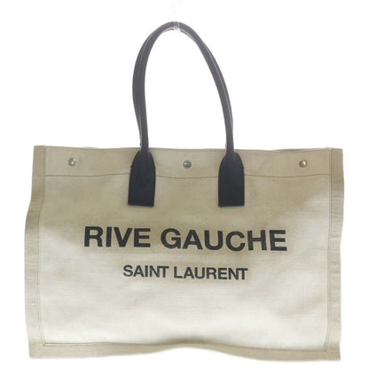 Saint Laurent Paris Rive Goche Tote Beige Black Canvas Leather Silver