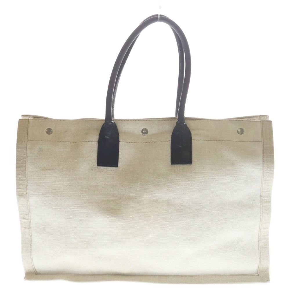 Saint Laurent Paris Rive Goche Tote Beige Black Canvas Leather Silver — view 2